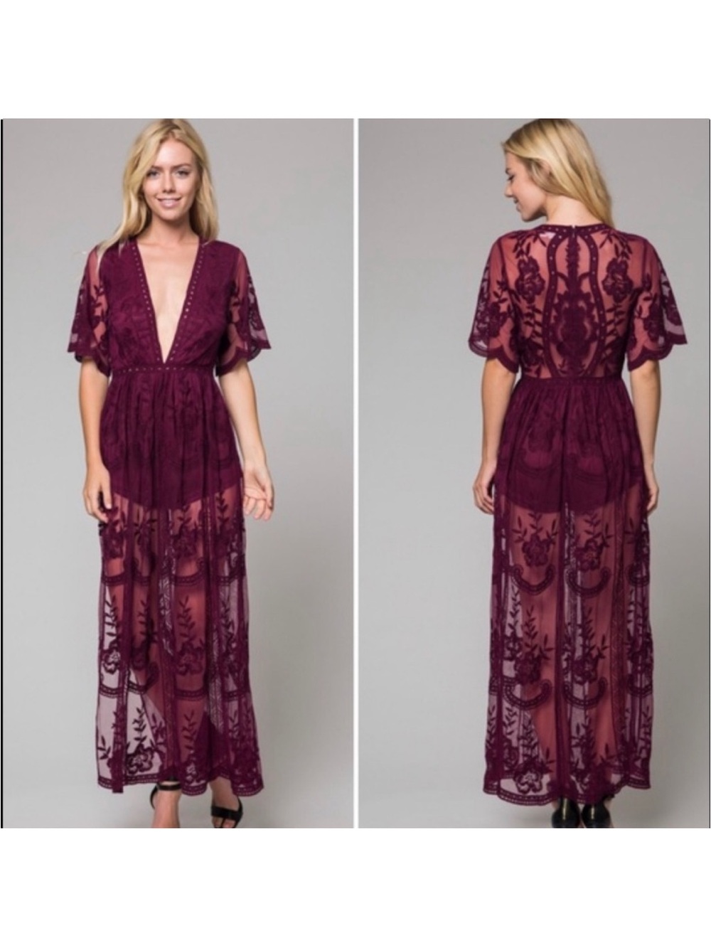 Floral Burnout Embroidery Maxi Dress Size Small Dark Red Sheer Flowy Whimsigoth